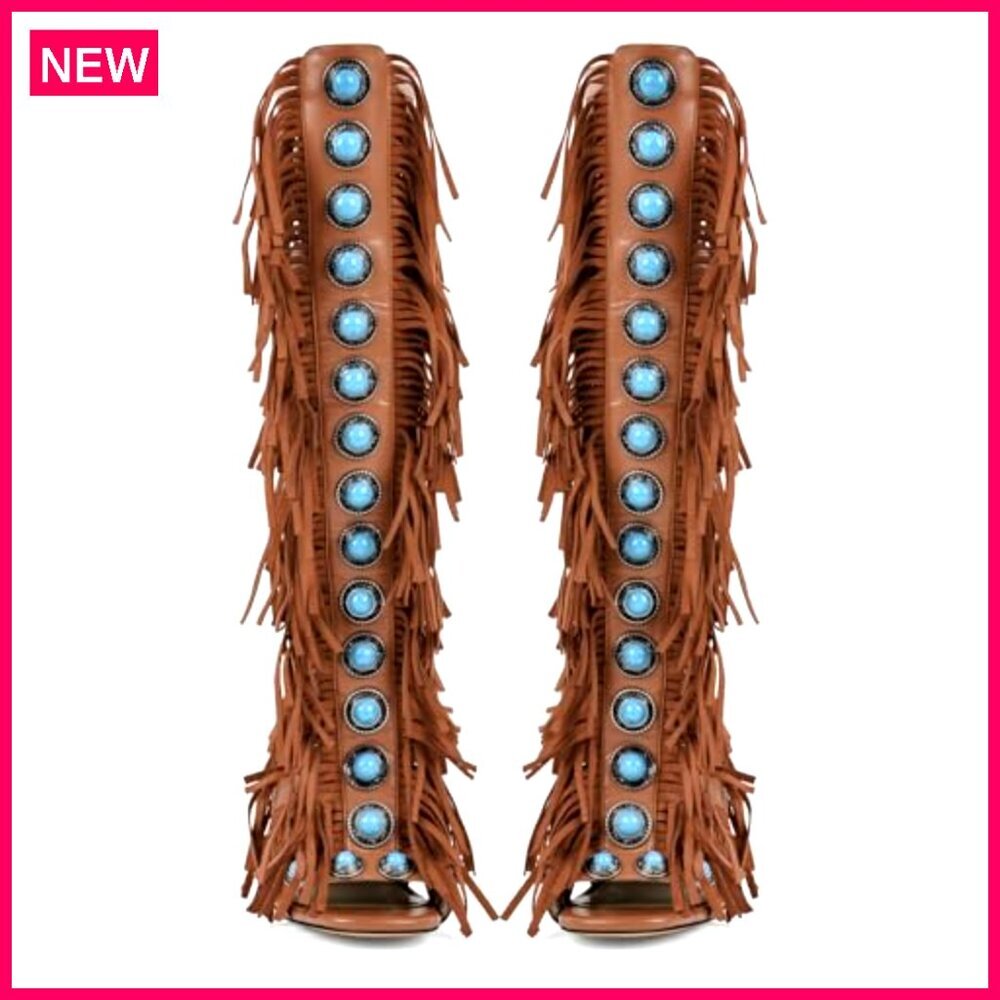 Women's Knee High Sandals, Fringe Studded Heels, 4.72 Inch Heel, Party Wear - Picture 6 of 7